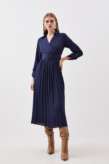 Navy Pleated Georgette Belted Woven Maxi Dress
