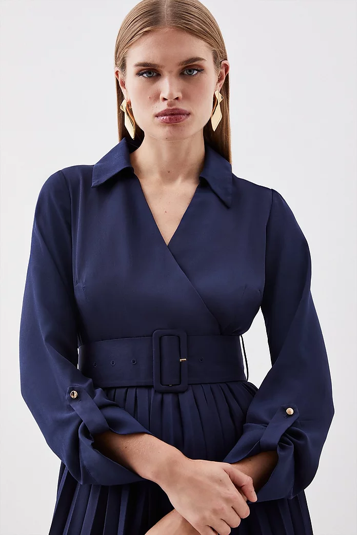 Pleated Georgette Belted Woven Midi Dress | Karen Millen Pleated Georgette Belted Woven Midi Dress | Karen Millen