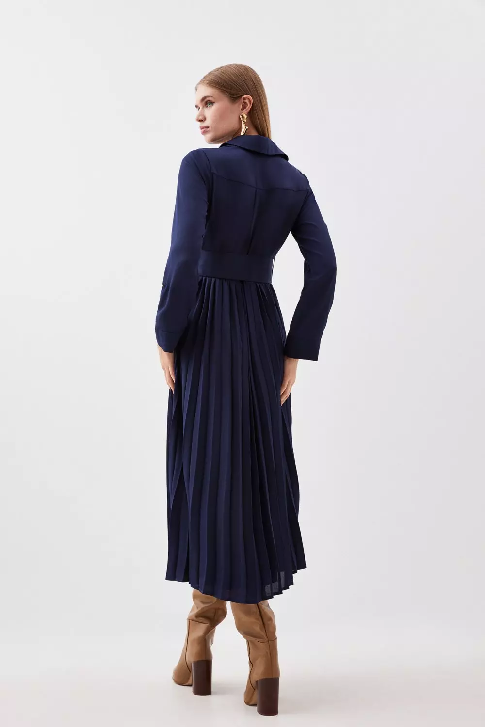 Pleated Georgette Belted Woven Midi Dress Karen Millen