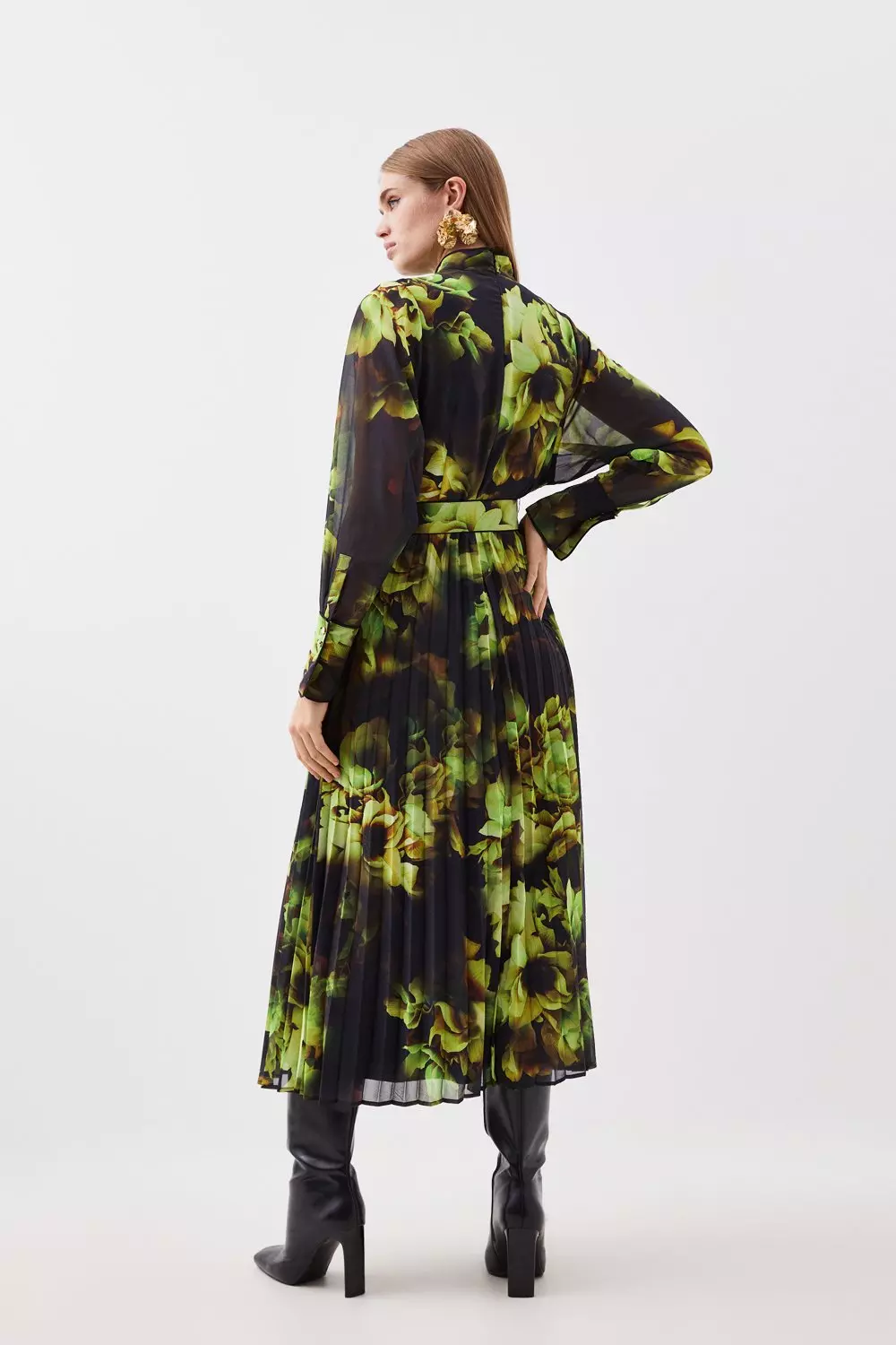 【KAREN MILLEN】カラーブロックテーラードペンシルドレス Floral Printed Georgette Pleated Woven Maxi Dress | Karen Millen