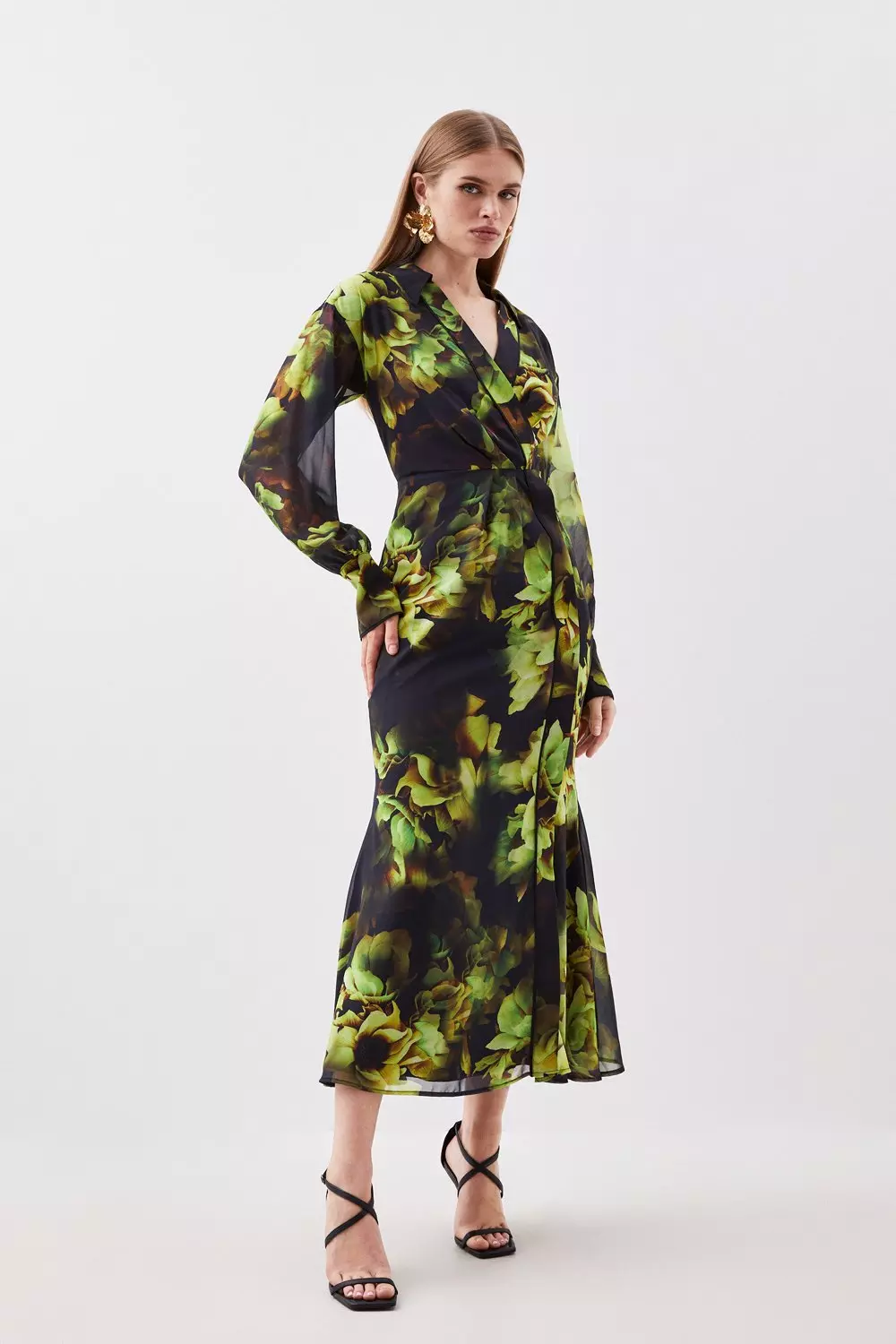 【Karen Millen】ガーデン フローラル オープンバック マキシ Shirred Cotton Tiered Fruit Print Halter Neck Woven Maxi