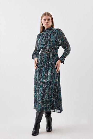Printed Georgette Pleated Woven Maxi Dress snake