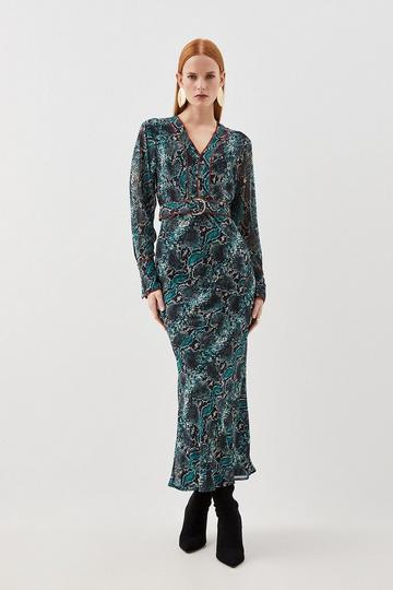 Printed Georgette Woven Maxi Dress With Scarf Detail snake