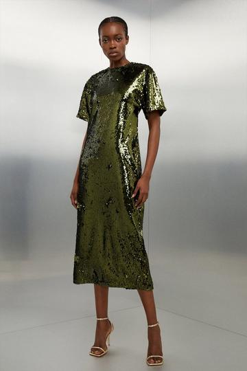 Khaki Tall Sequin Woven Midi Dress