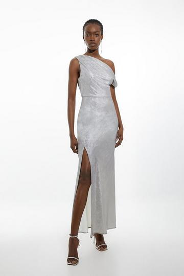 Premium Metallic Ruched One Shoulder Woven Maxi Dress silver