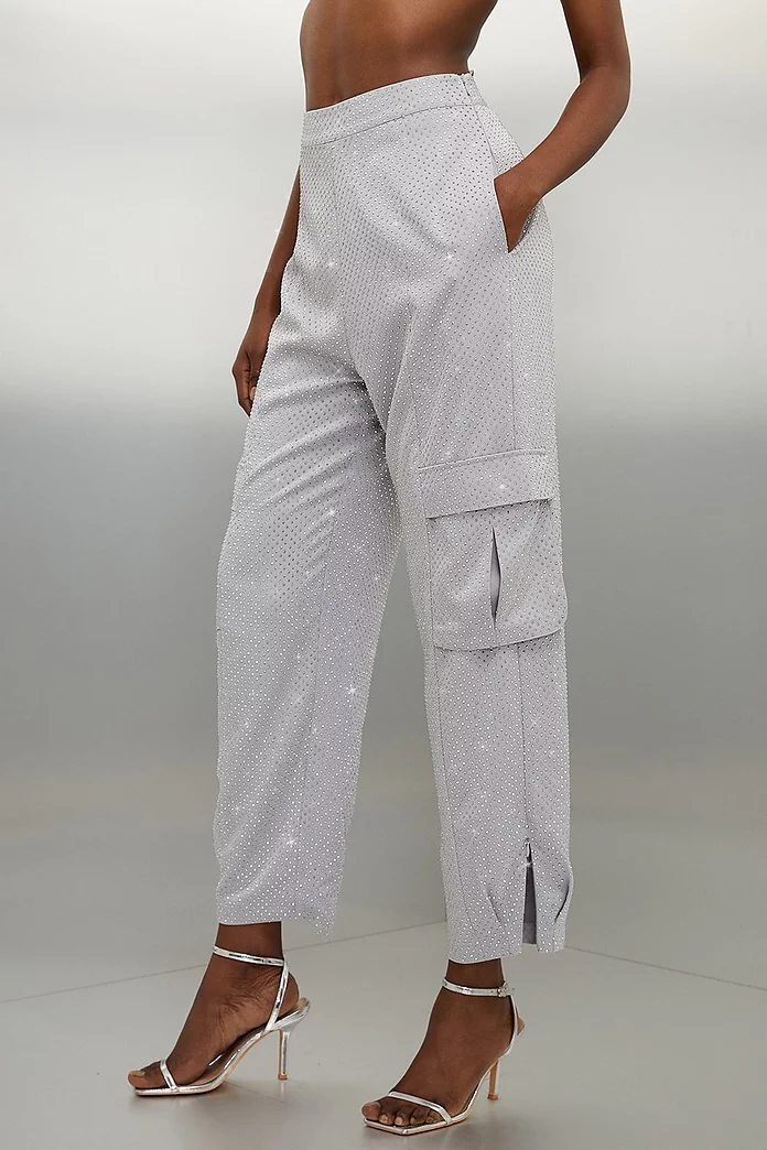 Satin Embellished Woven Cargo Pants | Karen Millen Satin Embellished Woven Cargo Pants | Karen Millen