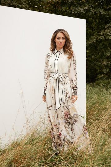 Lydia Millen Petite Viscose Woven Floral Border Shirt Midi Dress ivory