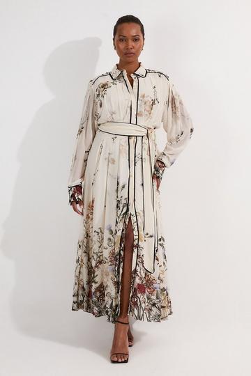Lydia Millen Plus Size Viscose Woven Floral Shirt Woven Midi Dress ivory