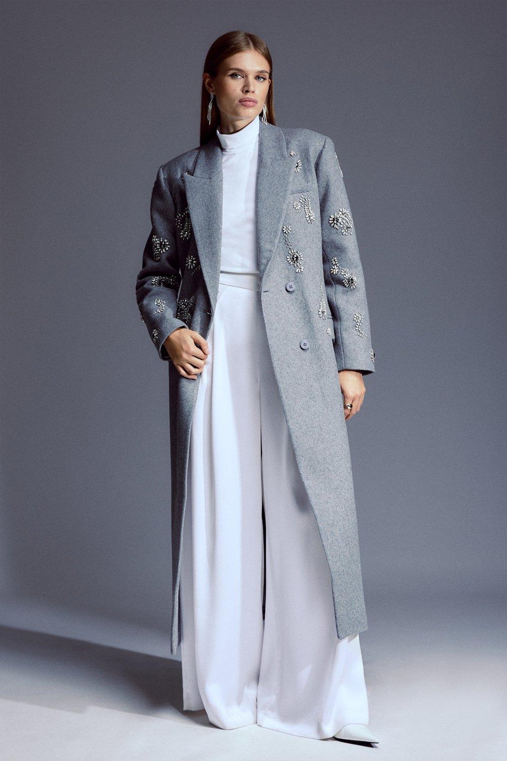 Tailored Wool Blend Embellished Maxi Coat | Karen Millen