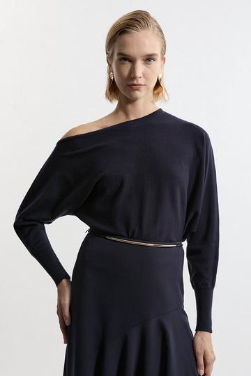 Viscose Blend Knitted Lounge Drop Shoulder Slouchy Top navy