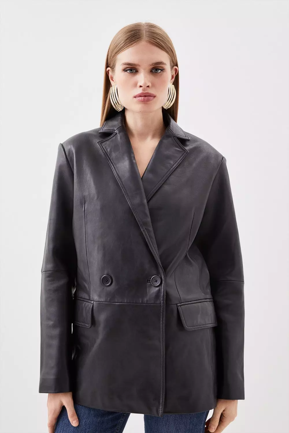 【KAREN MILLEN】タフタ ドラマ彫刻 テーラードマキシ Leather Double Breasted Blazer | Karen Millen