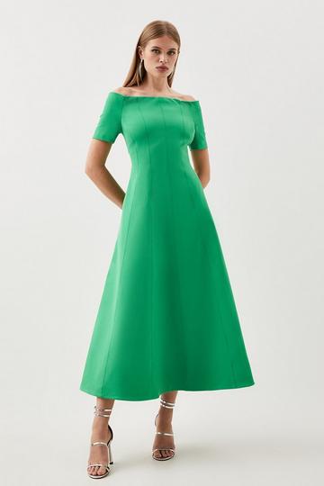 Tailored Stretch Crepe Off The Shoulder Midi Dress green