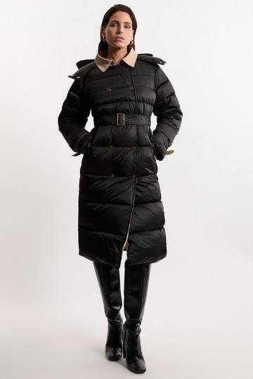 Black Trench Details Padded Puffer Coat