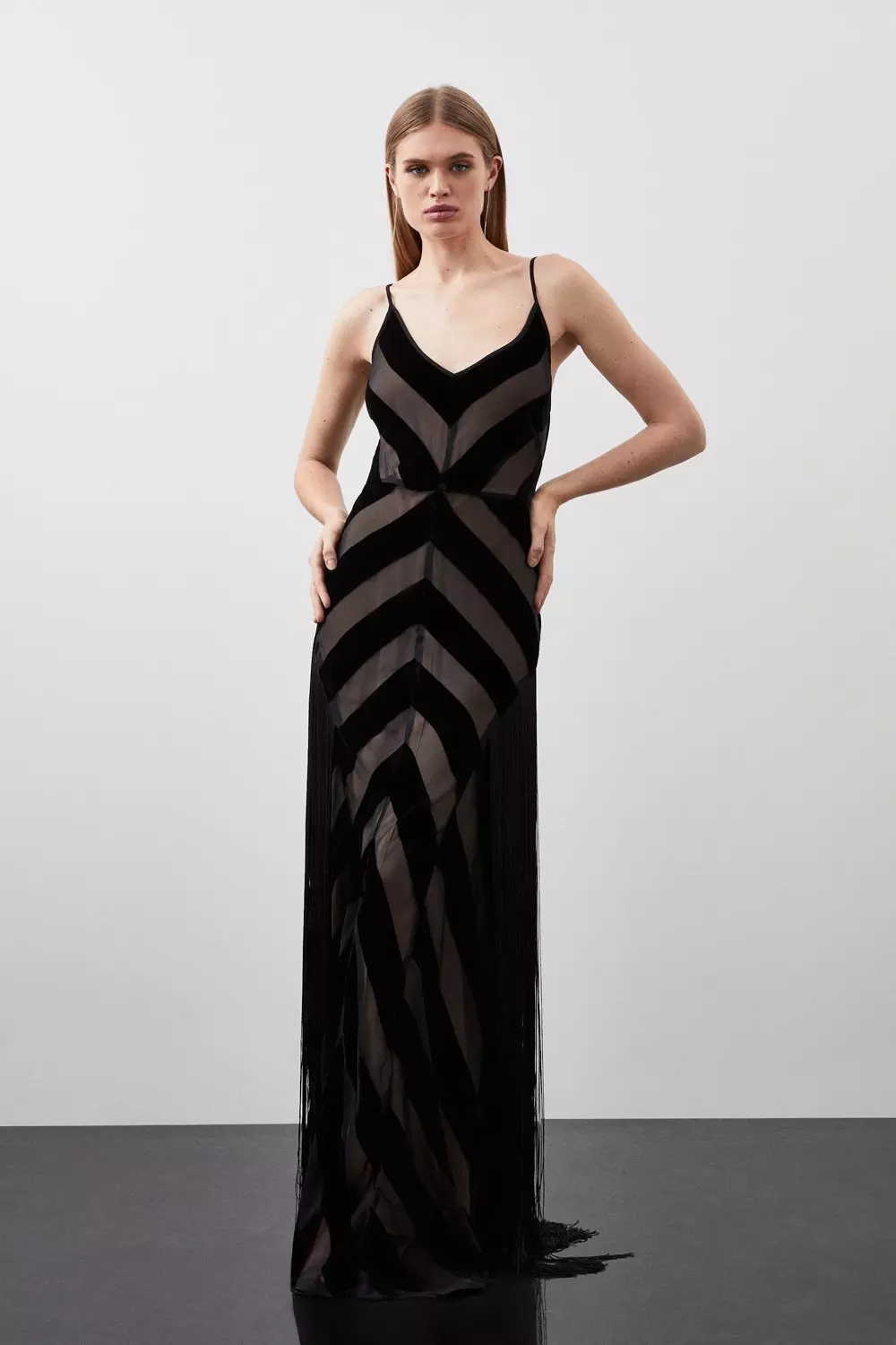 Tall Fringed Velvet Devore Woven Maxi Dress Karen Millen