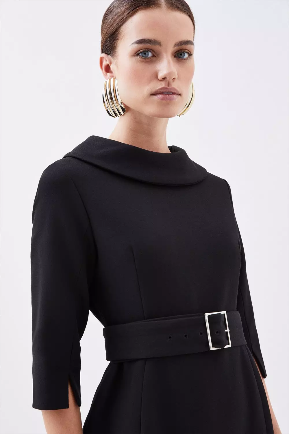 Petite Structured Crepe Turtleneck Belted Tailored Midi