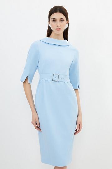 Blue Petite Structured Crepe Roll Neck Belted Tailored Midi Dress