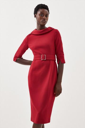 Petite Structured Crepe Turtleneck Belted Tailored Midi Dress merlot