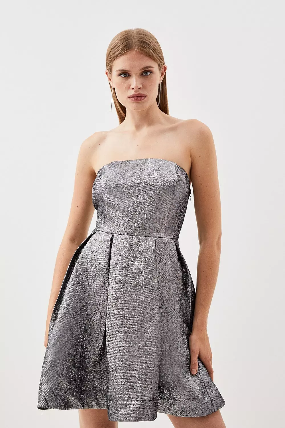 Silver Metallic Jacquard Twill Strappy Woven Mini Dress | Karen Millen