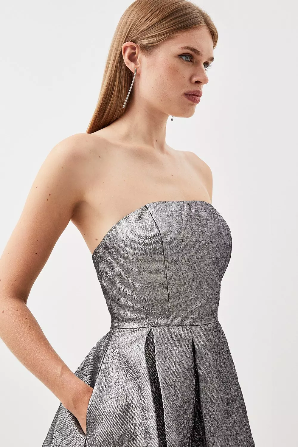 Silver Metallic Jacquard Twill Strappy Woven Mini Dress