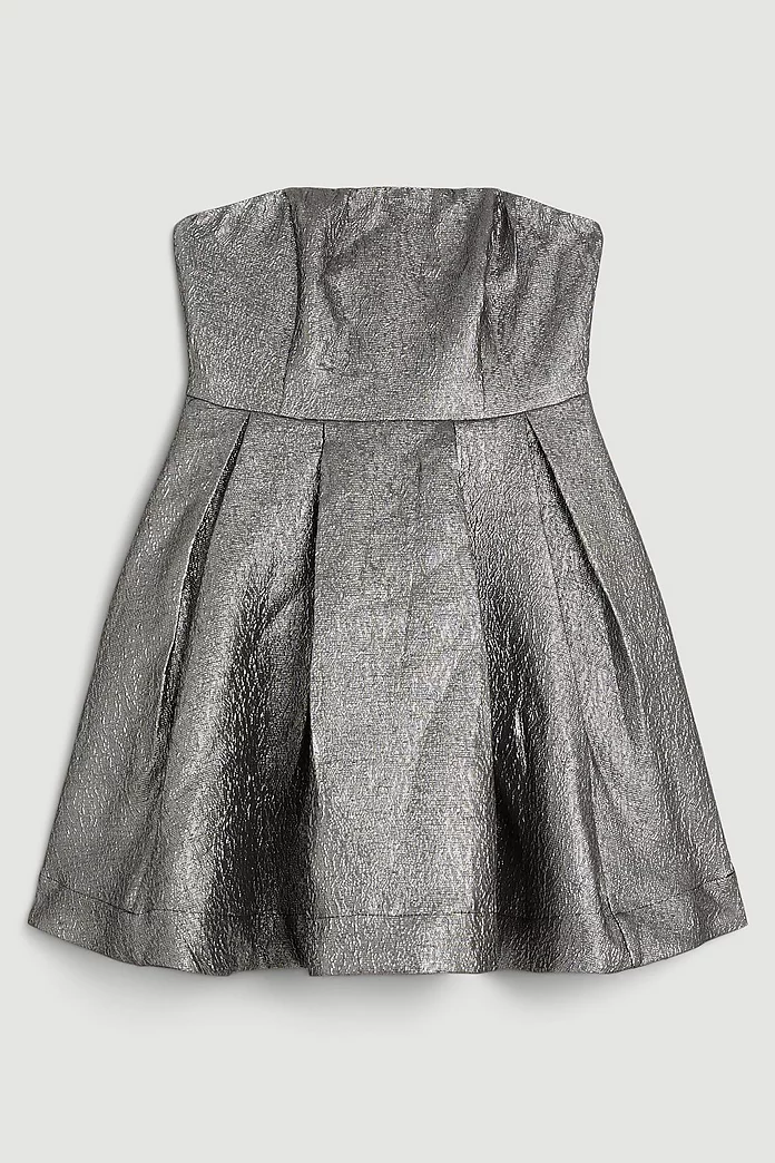 Silver Metallic Jacquard Twill Strappy Woven Mini Dress Silver Metallic Jacquard Twill Strappy Woven Mini Dress