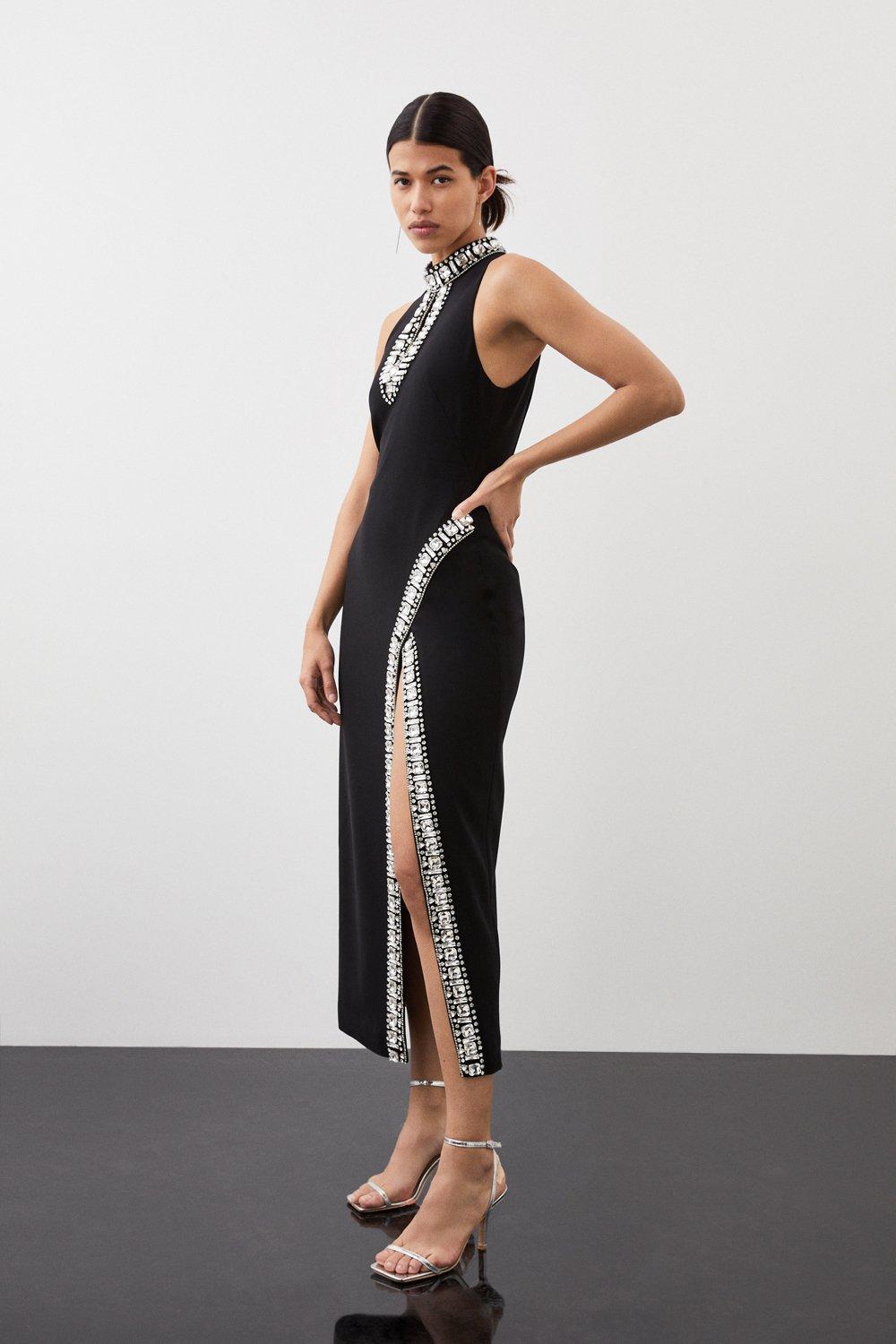 Petite Crystal Embellished Woven Thigh Split Midi Dress | Karen Millen