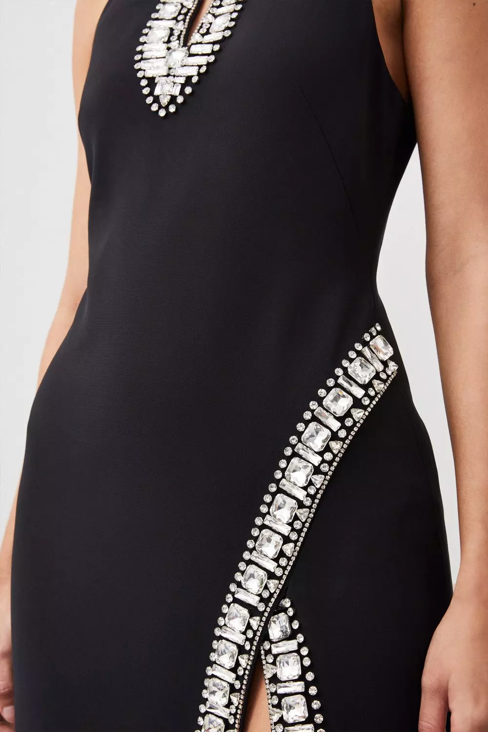 Petite Crystal Embellished Woven Thigh Split Midi Dress | Karen Millen