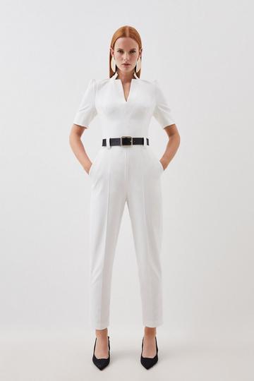 Tailored Structured Crepe Forever Belted Jumpsuit ivory