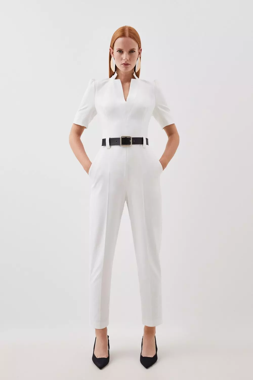 Karen Millen Womens Tailored Structured Crepe Forever Belted Jumpsuit Ivory Size 10