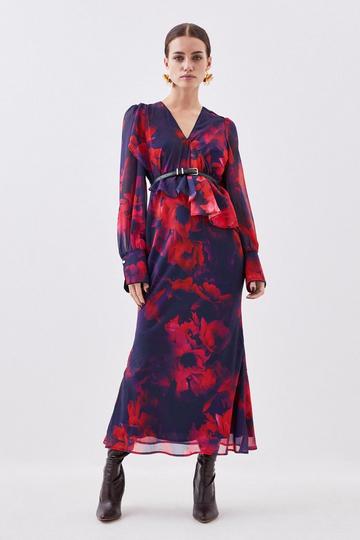 Multi Petite Floral Printed Georgette Belted Woven Maxi Dress