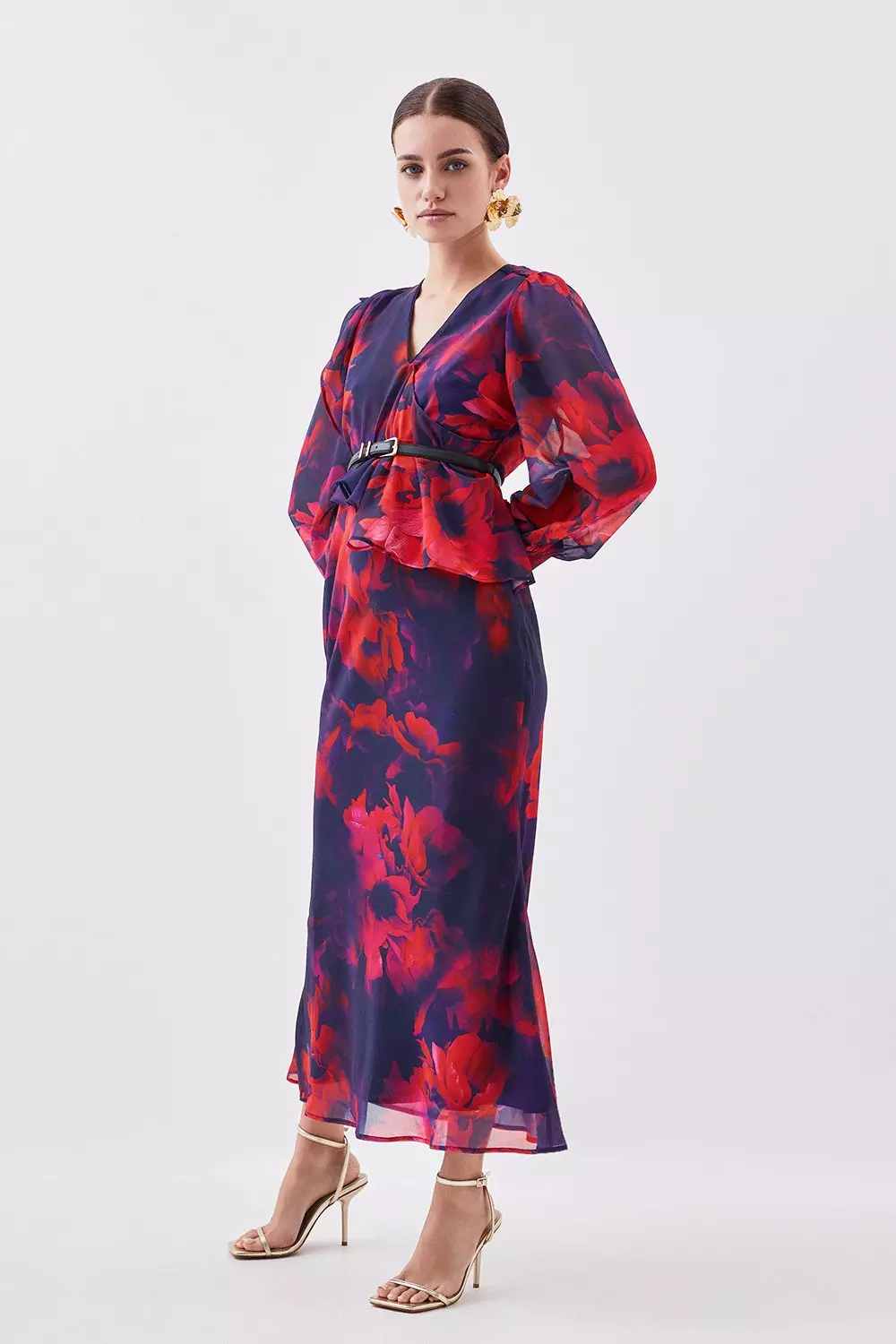 Karen Millen Womens Petite Printed Georgette Belted Woven Maxi Dress Floral Size 2