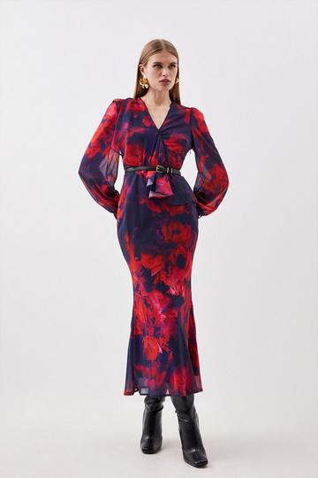 Multi Floral Printed Georgette Belted Woven Maxi Dress