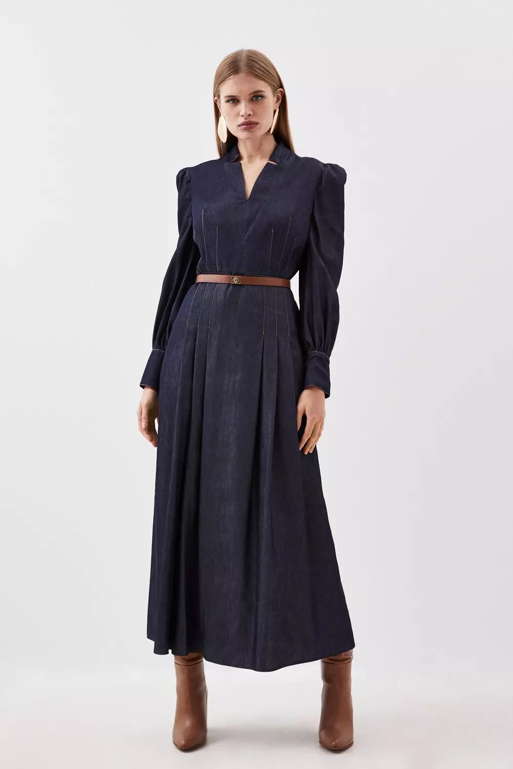 ◆KAREN MILLEN◆ フリルショルダーミディドレス / navy ブルーフリルオープンショルダードレス - カラードレス