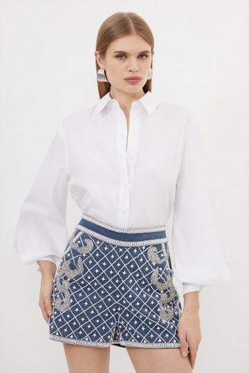 Blue Premium Pearl Embellished Denim Woven Shorts