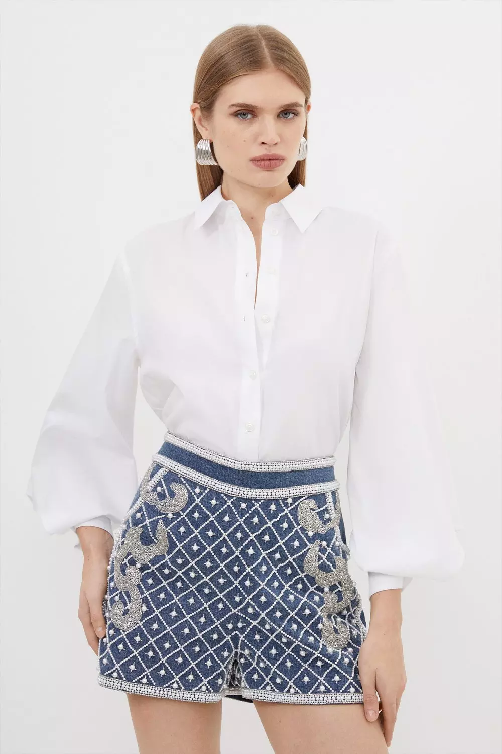 Premium Pearl Embellished Denim Woven Shorts | Karen Millen