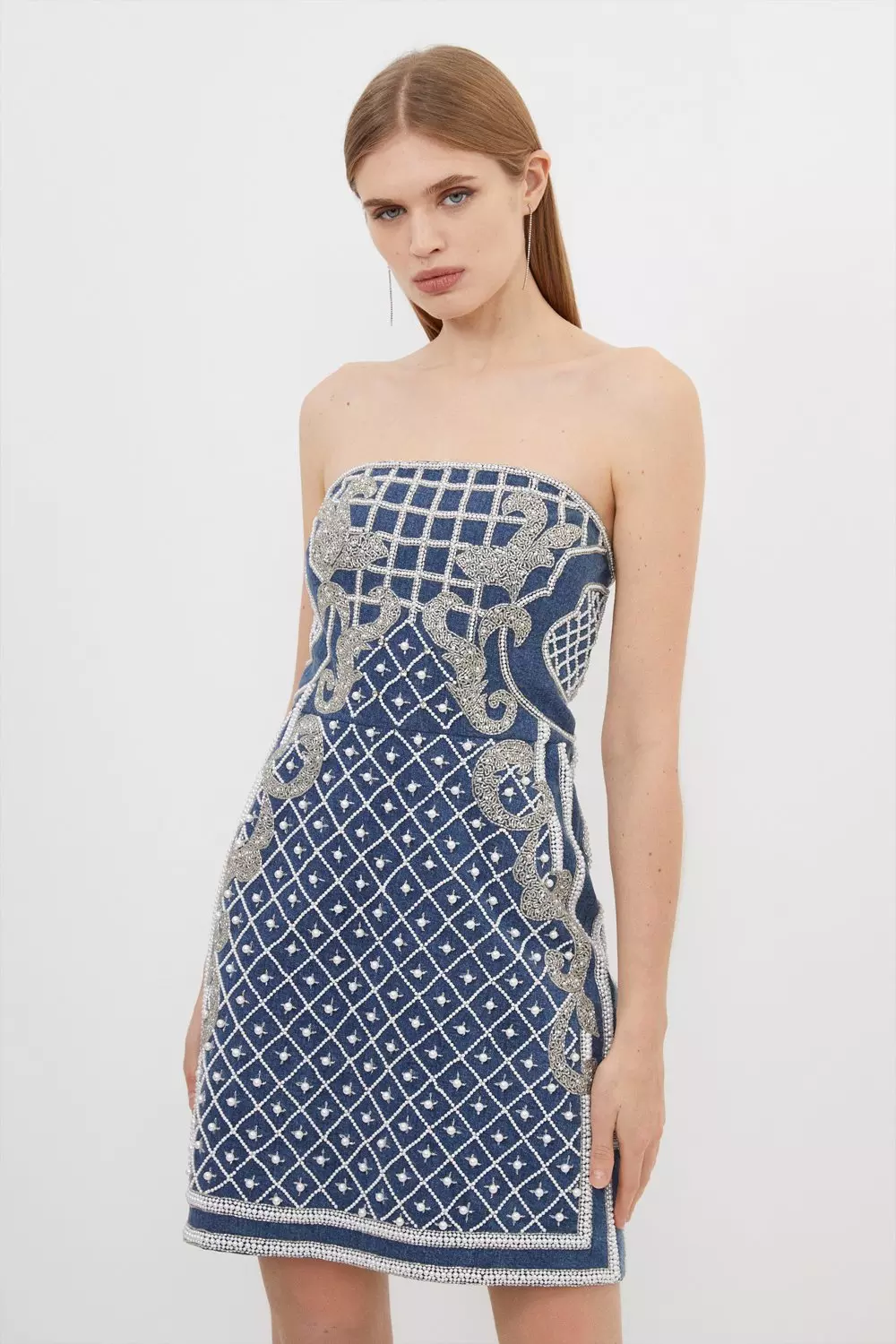 Premium Pearl Embellished Denim Woven Bandeau Mini Dress | Karen Millen