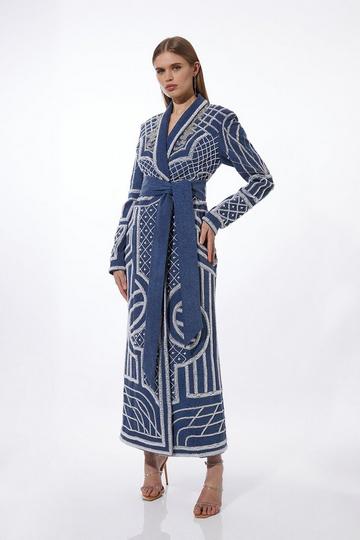 Blue Pearl Embellished Woven Denim Maxi Blazer Dress