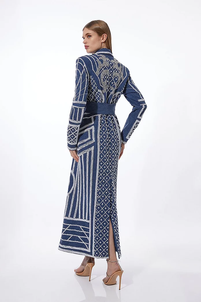 Pearl Embellished Woven Denim Maxi Blazer Dress | Karen Millen Pearl Embellished Woven Denim Maxi Blazer Dress | Karen Millen