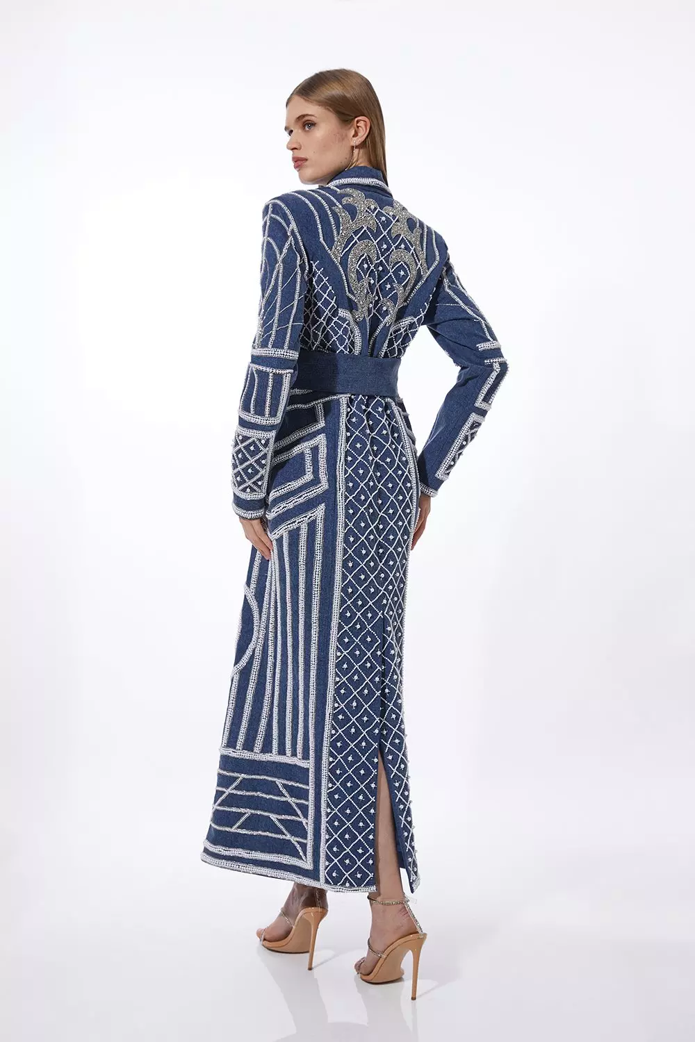 Pearl Embellished Woven Denim Maxi Blazer Dress | Karen Millen