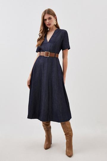 Tailored Jean Short Sleeve Full Skirt Midi Dress denim