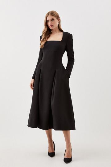 Black Clean Tailored Sweetheart Neckline Midi Dress
