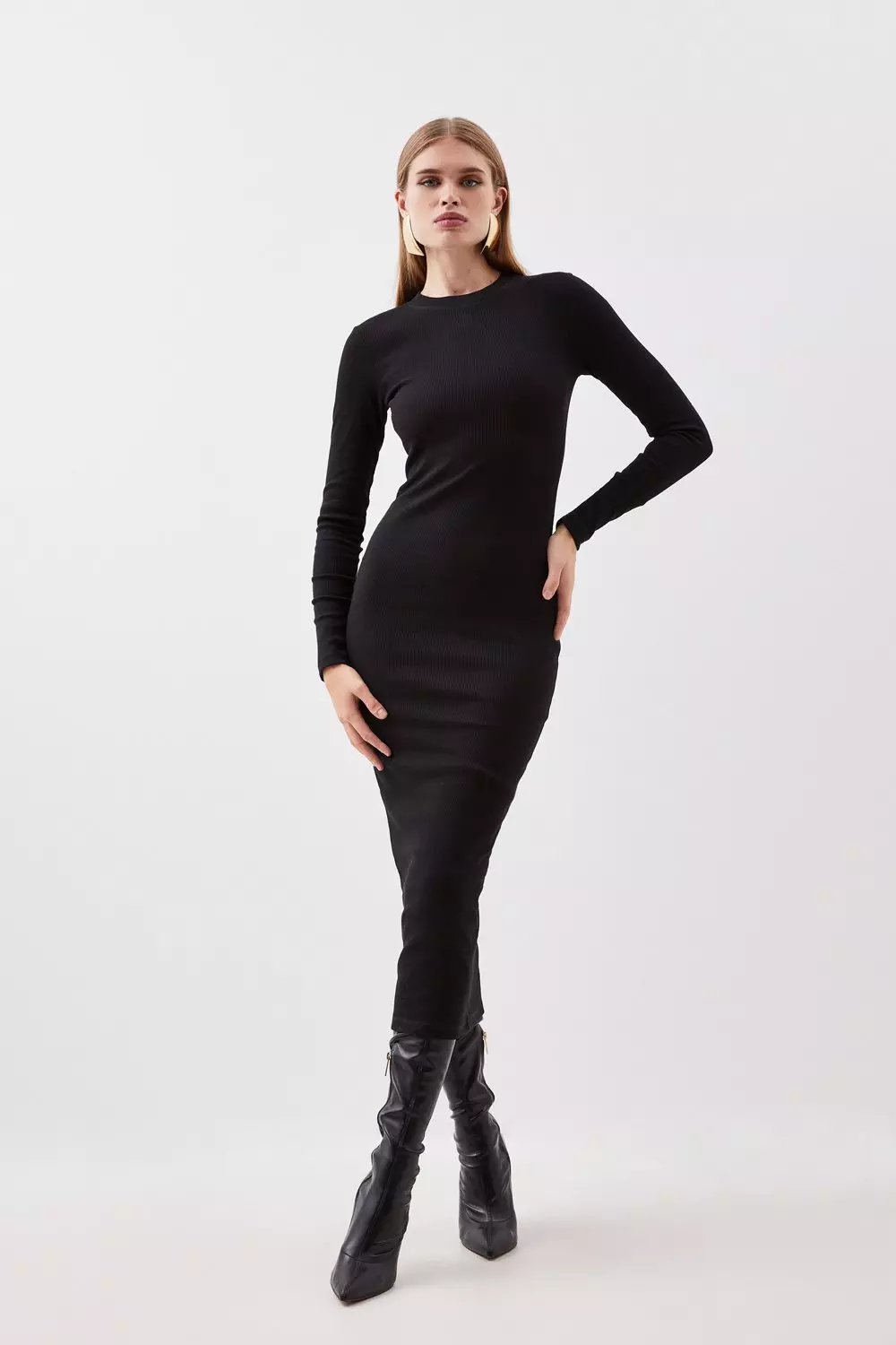 Black Compact Jersey Ribbed Midi Dress alternative image