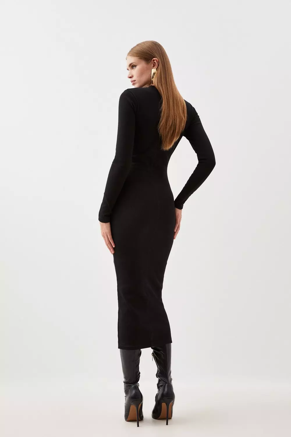 Black Compact Jersey Ribbed Midi Dress alternative image