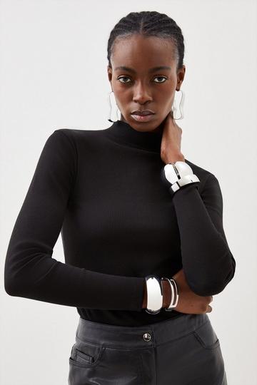 Black Compact Jersey Ribbed Turtle Neck Top