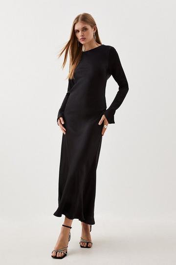 Viscose Satin Woven Long Sleeve Maxi Dress black
