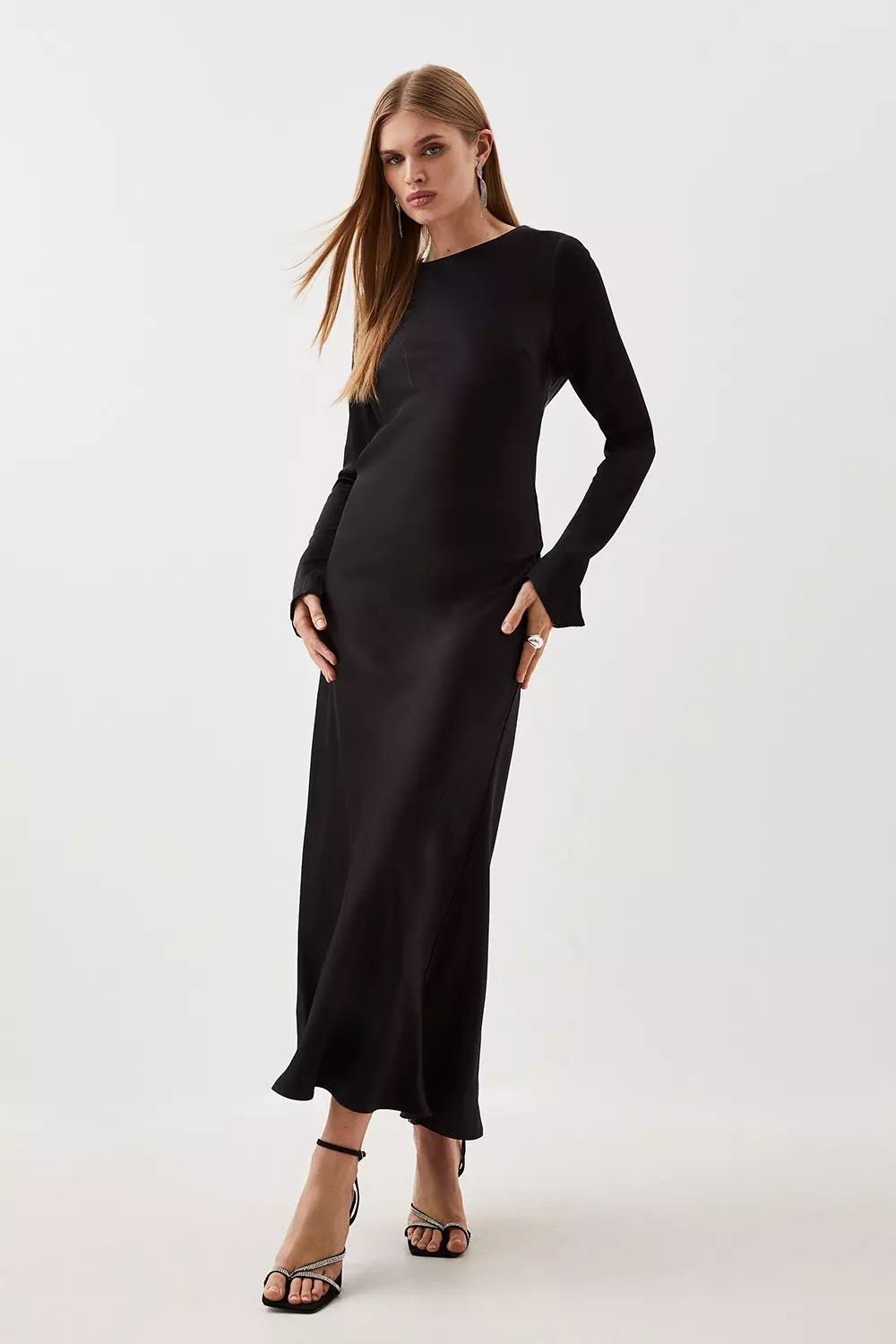 Long sleeve black satin dress hotsell