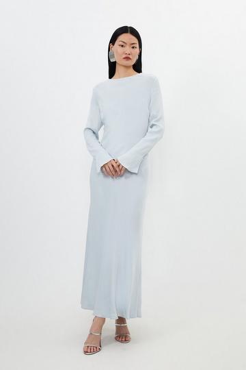 Blue Viscose Satin Woven Long Sleeve Maxi Dress