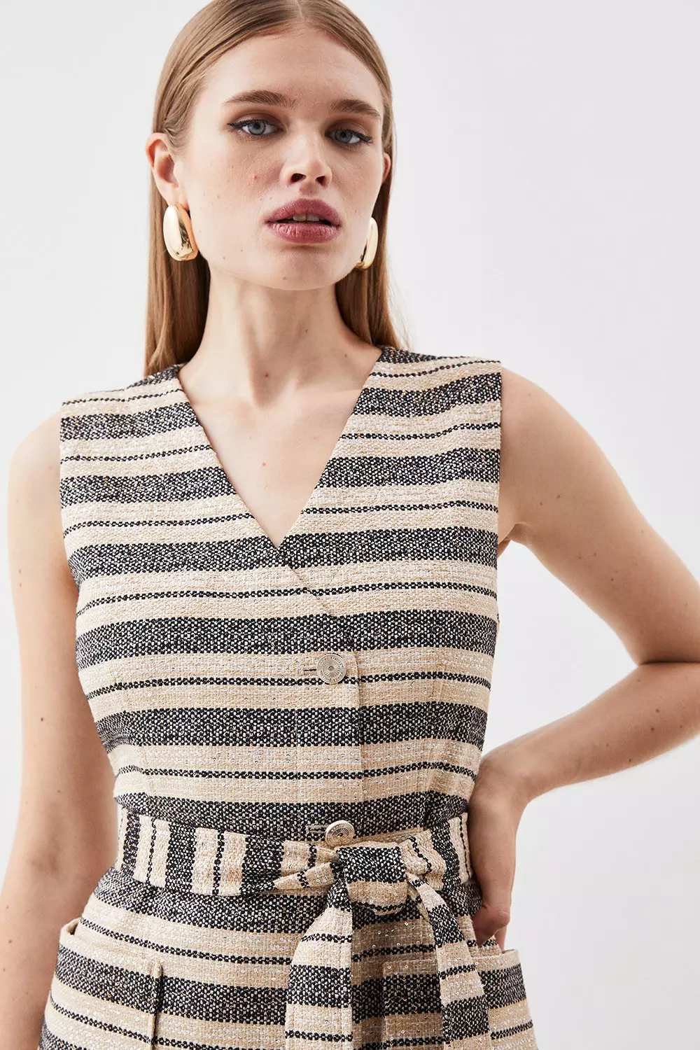 Tailored Striped Tweed Belted Sleeveless Midi Dress | Karen Millen