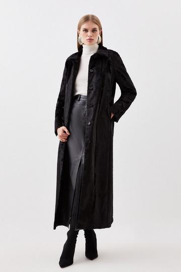 Black Signature Faux Ponyskin Texture Collared Midi Coat