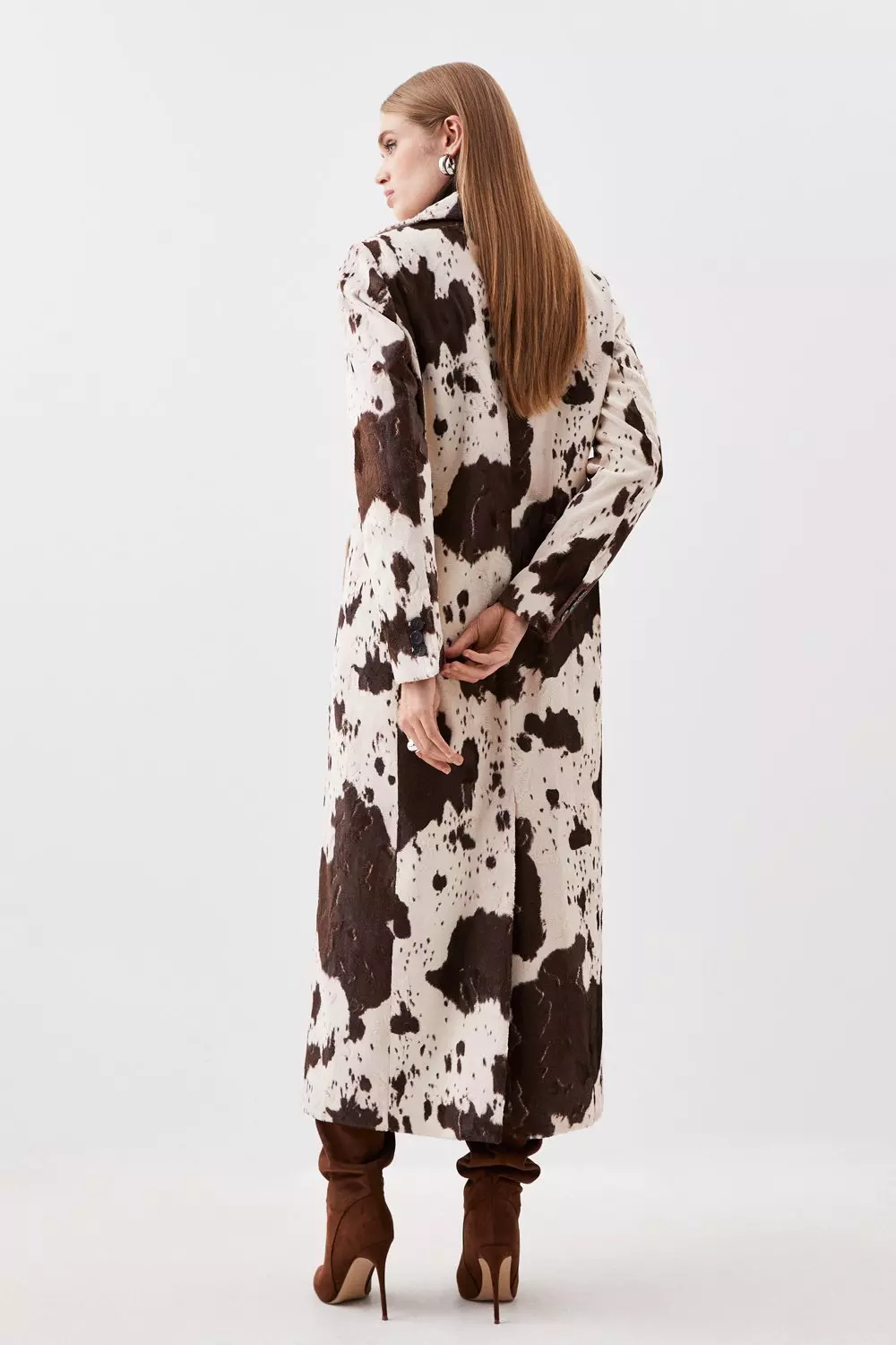 Signature Faux Ponyskin Cow Print Collared Midi Coat | Karen Millen