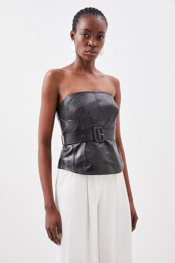 Black Leather Belted Corset Top